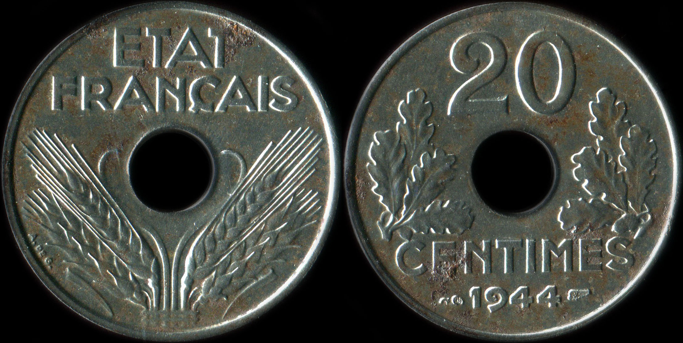 Pice de 20 centimes 1944 type 20 en fer