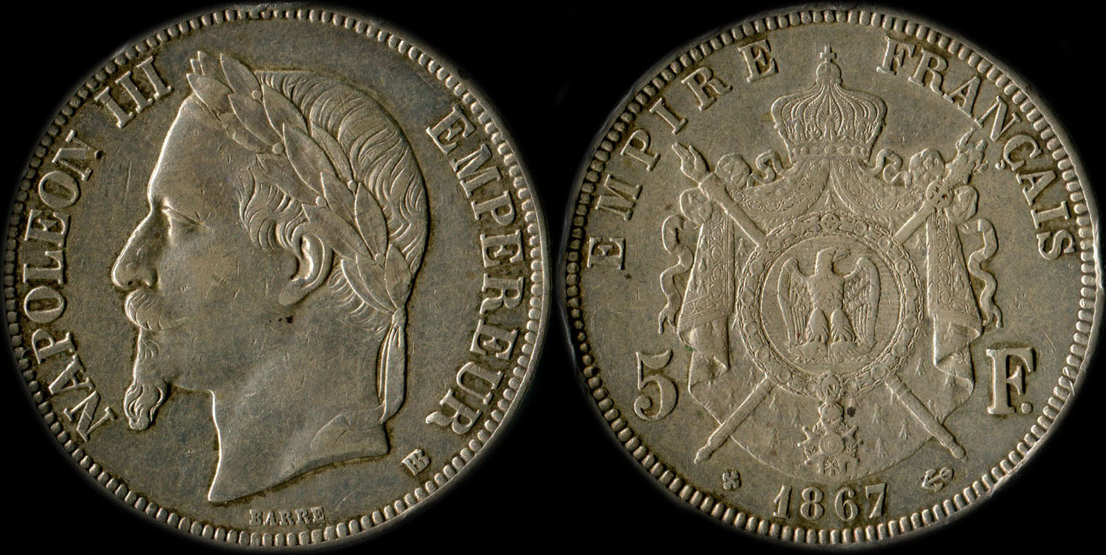 Pice de 5 francs Napolon III tte laure 1867BB