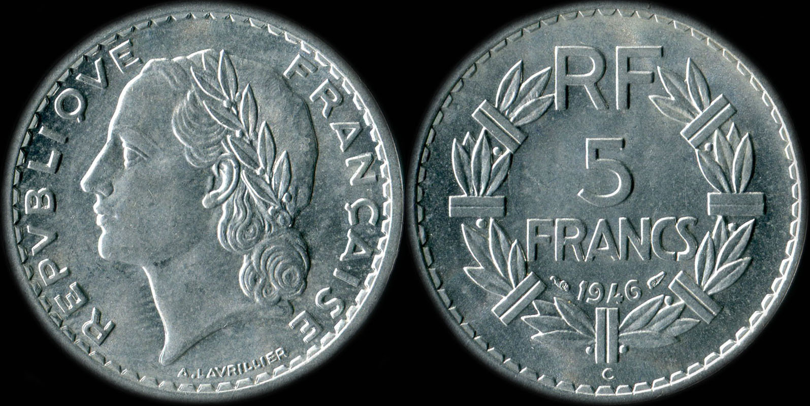 Pice de 5 francs Lavrillier 1946CB aluminium
