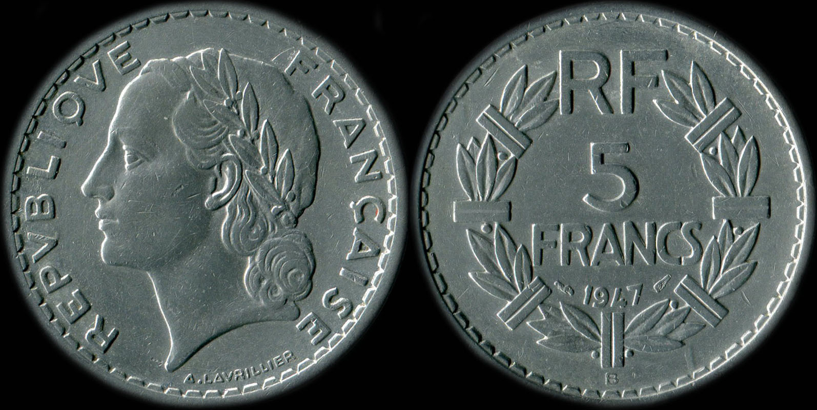 Pice de 5 francs Lavrillier 1947B aluminium avec 9 ferm