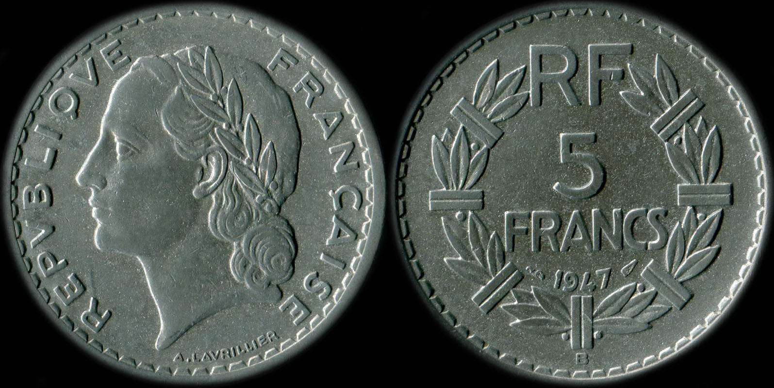 Pice de 5 francs Lavrillier 1947 aluminium avec 9 ouvert