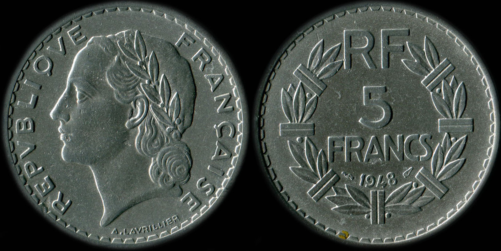 Pice de 5 francs Lavrillier 1948 aluminium avec 9 ouvert