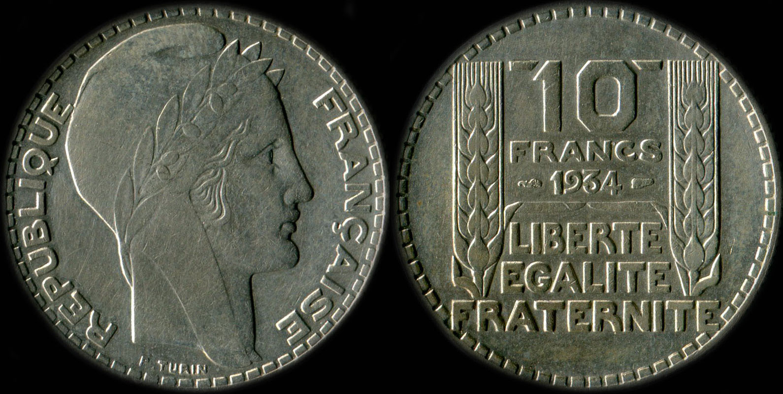Pice de 10 francs Turin argent 1934 variante du 3