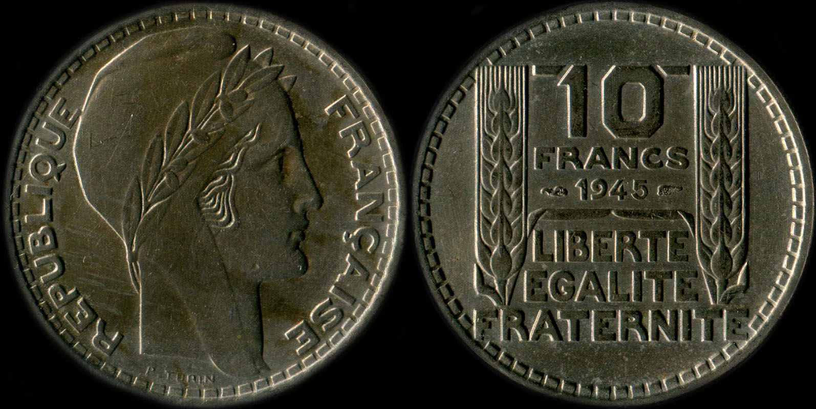 Pice de 10 francs Turin  grosse tte 1945 avec rameaux longs