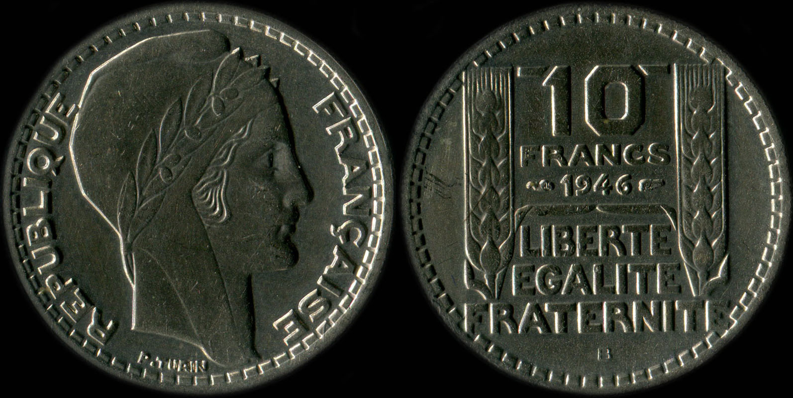 Pice de 10 francs Turin  grosse tte 1946B avec rameaux courts