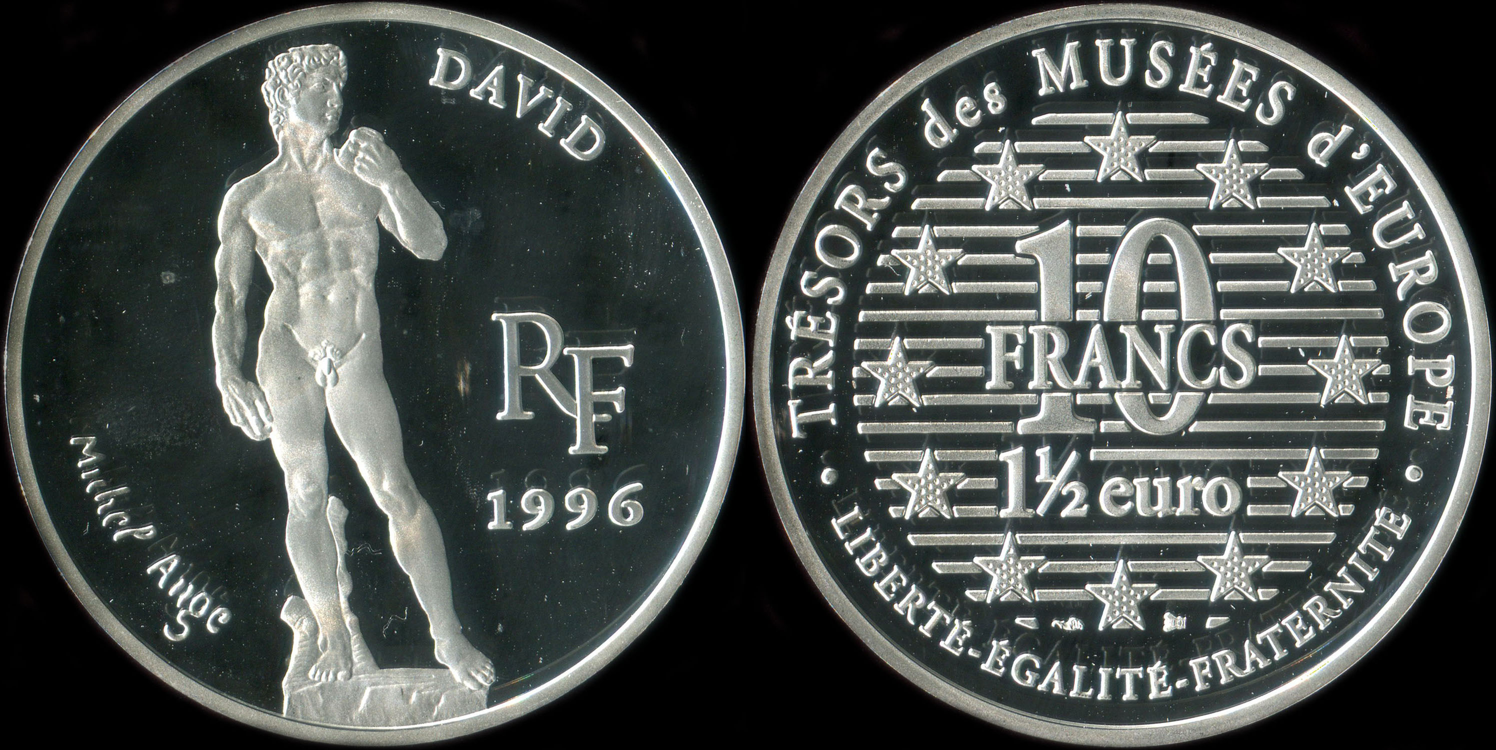 Pice de 10 francs - 1  euro 1996 - Trsors des Muses d'Europe - David par Michel-Ange