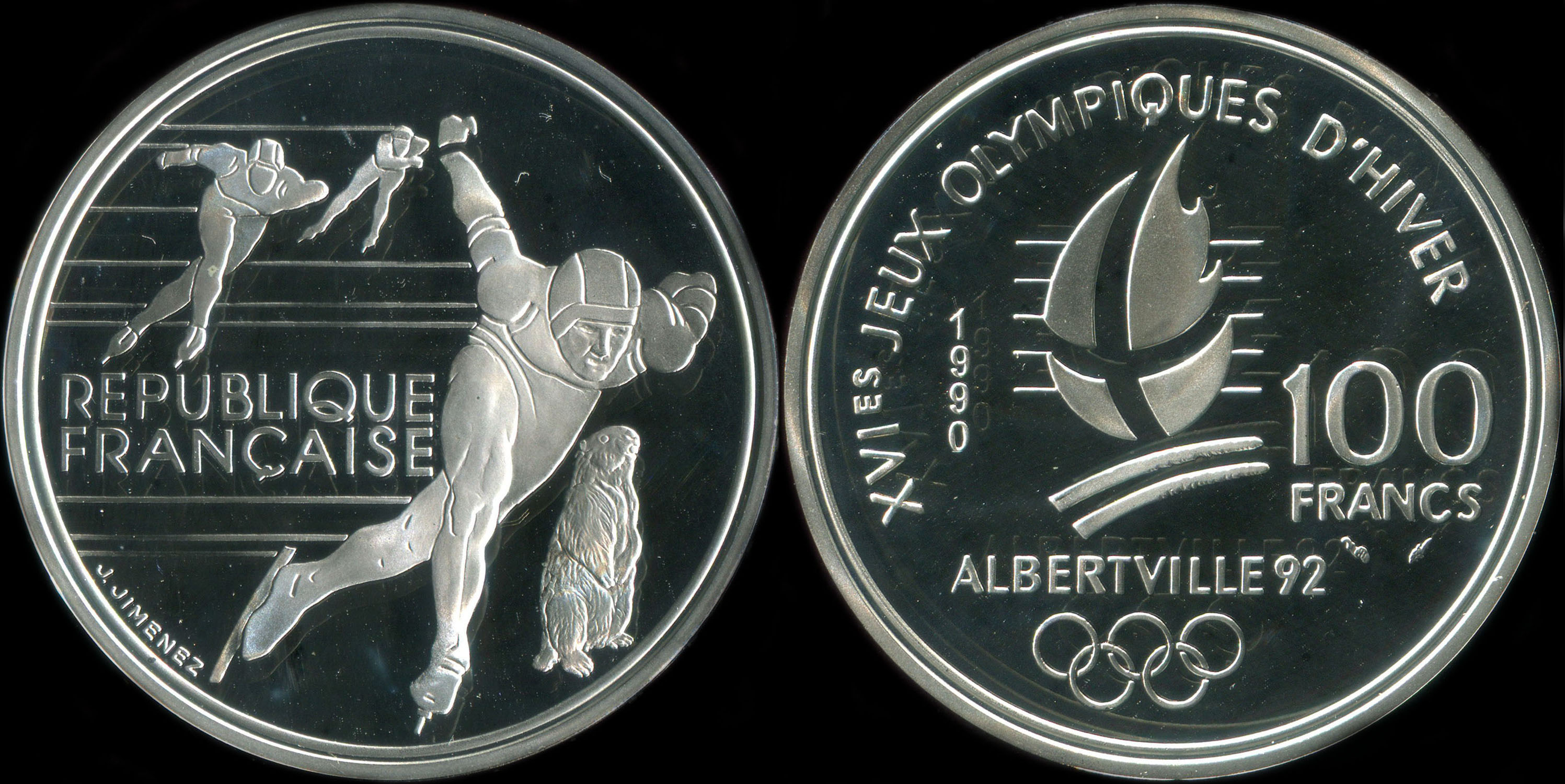 Pice de 100 francs 1990 - XVIes Jeux Olympiques d'Hiver - Albertville 92 - Patinage de vitesse - Marmotte