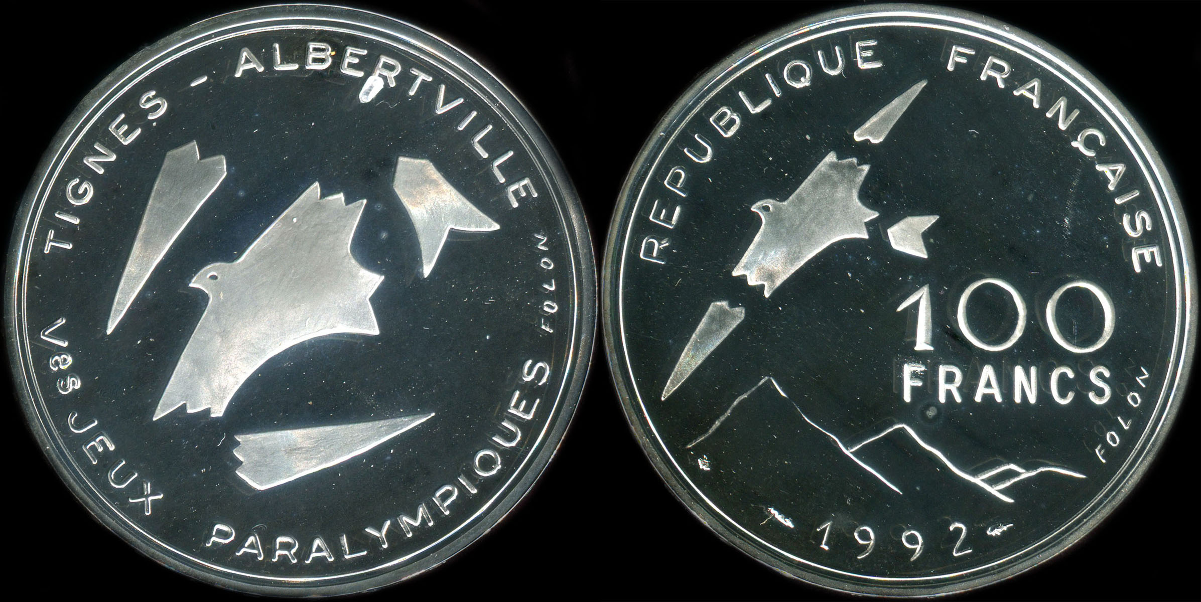Pice de 100 francs 1992 - Ves Jeux Paralympiques - Tignes - Albertville - Oiseau Disloqué par Folon