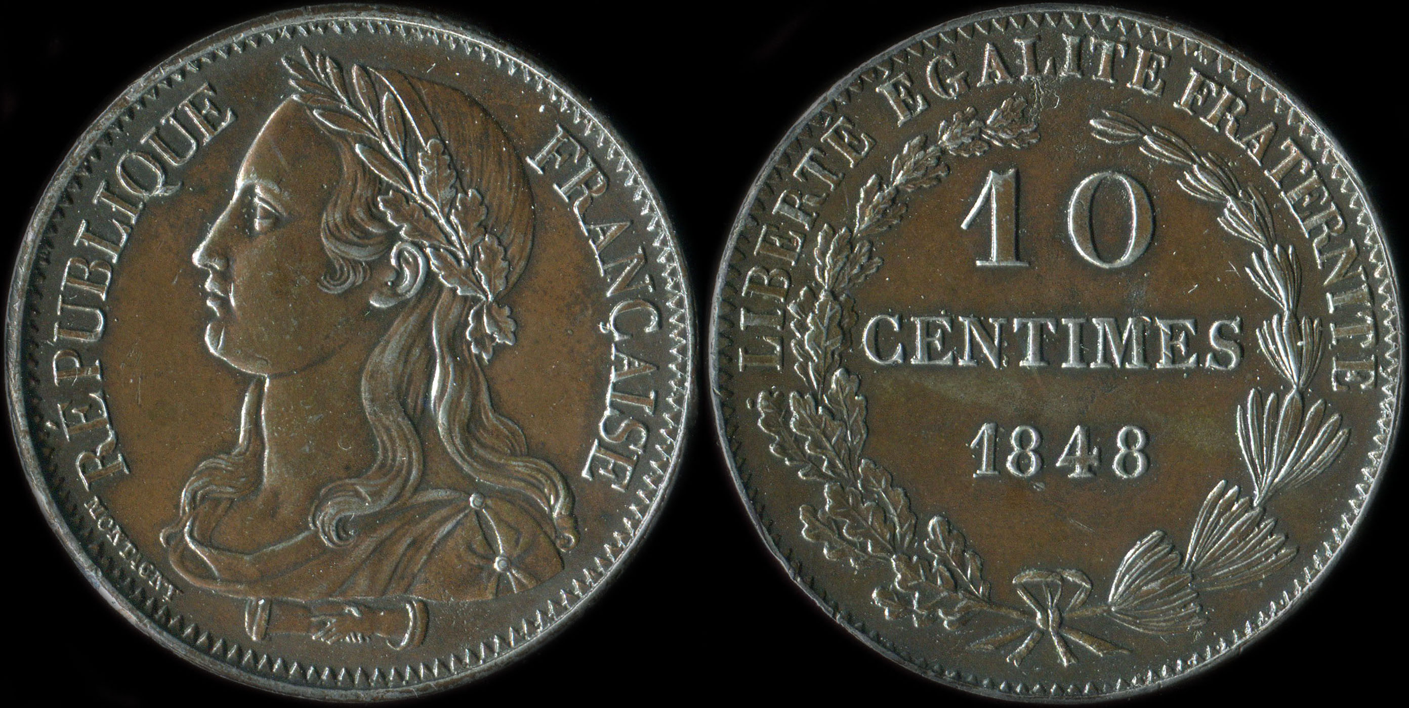 Pice de 10 centimes 1848 - Concours de Montagny - cuivre - type de revers A - signature  gauche