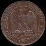 Revers pice 5 centimes Napolon III tte laure 1865A