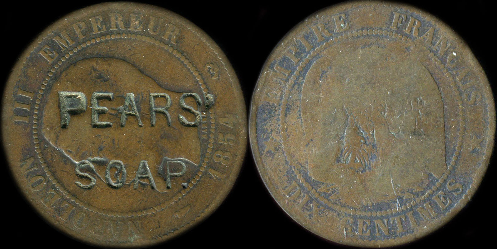10 centimes Napolon III 1854W tte nue avec surfrappe Pears' Soap
