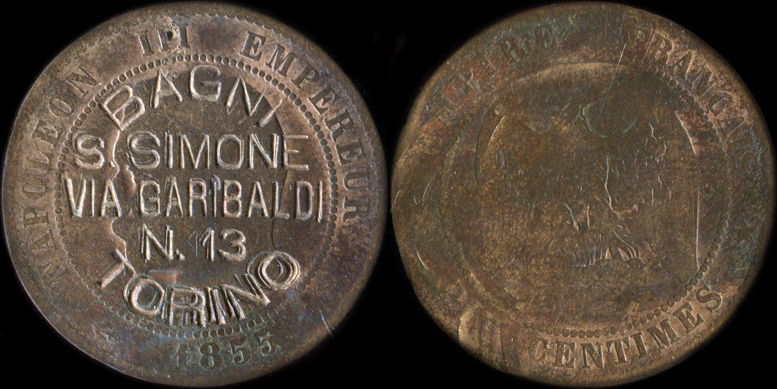10 centimes Napolon III 1855 tte nue avec surfrappe Bagni S.Simone via Garibaldi N.13 Torino