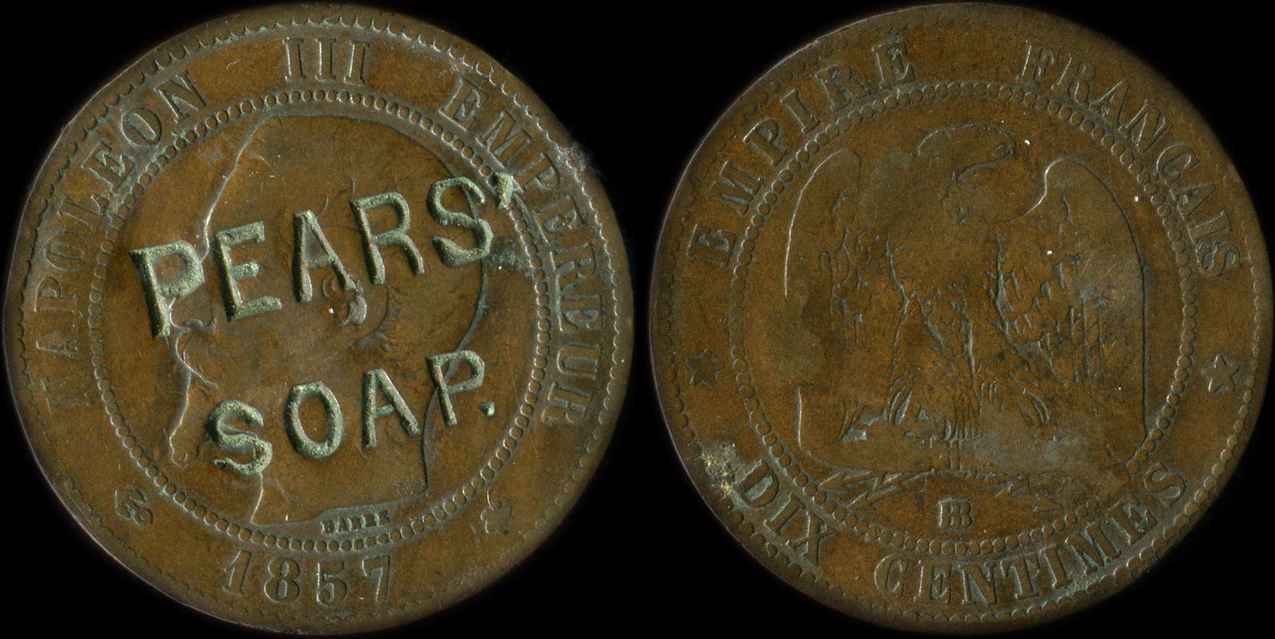 10 centimes Napolon III 1857BB tte nue avec contremarque Pears' Soap