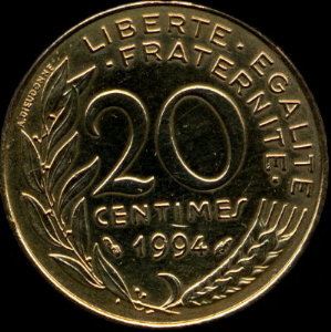 Variante de la pice de 20 centimes 1994 avec dauphin