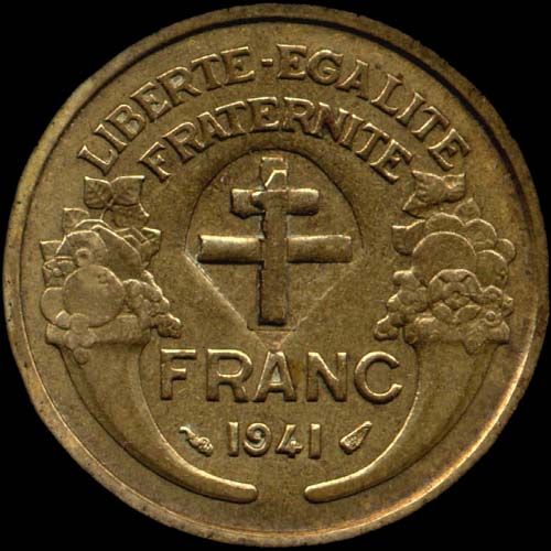 1 franc Morlon 1941 avec surfrappe Croix de Lorraine entoure d'un parachute - revers