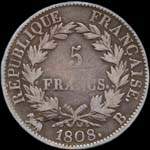 Pice de 5 francs Napolon Empereur tte laure 1808B - Rpublique franaise - revers