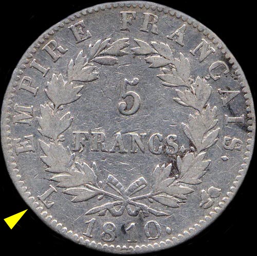 Variante avec lettre  gauche de 5 francs Napolon 1er 1810 L