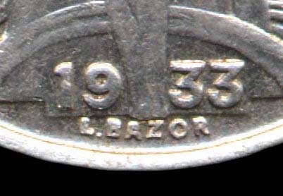 Variante avec signature rapproche de la pice de 5 francs Bazor 1933