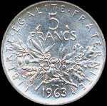 Pice de 5 francs Semeuse argent 1963 - Rpublique franaise - revers
