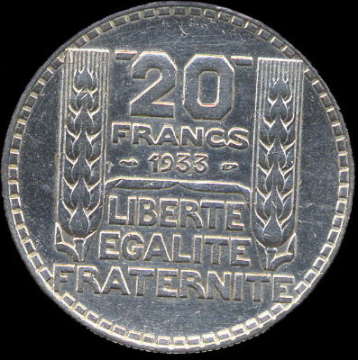 20 francs Turin argent 1933 avec 33 dcal vers le haut par rapport  19
