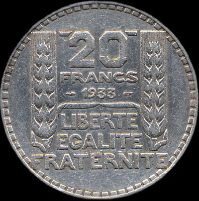 20 francs Turin argent 1933 avec 33 normal align avec 19