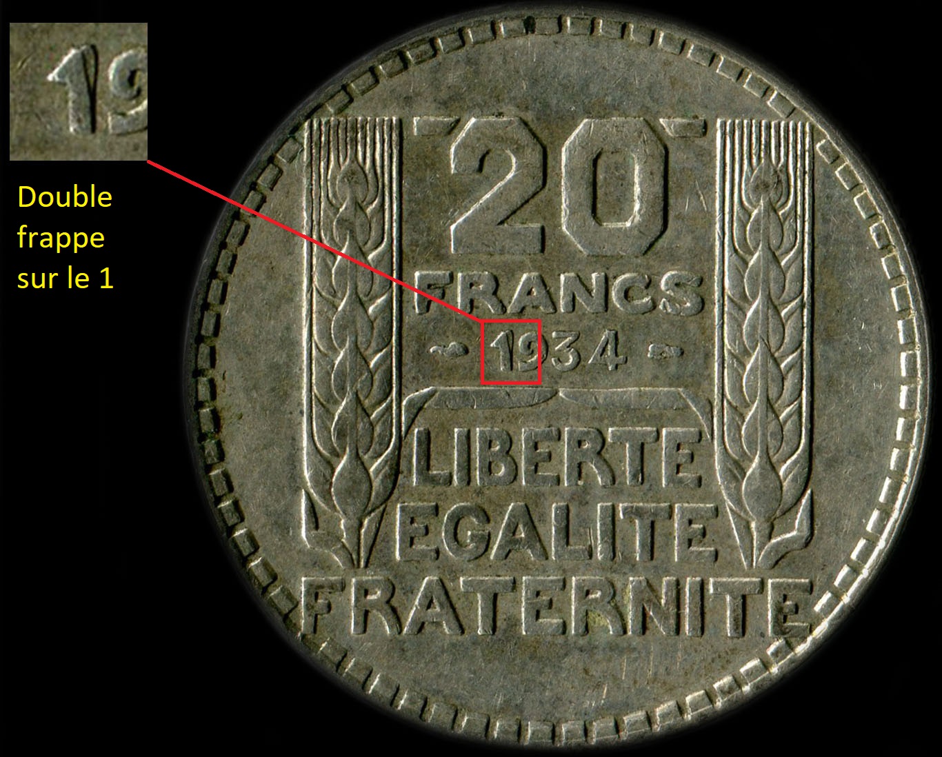Variante avec double frappe sur le 1 de la pice de 20 francs Turin 1934