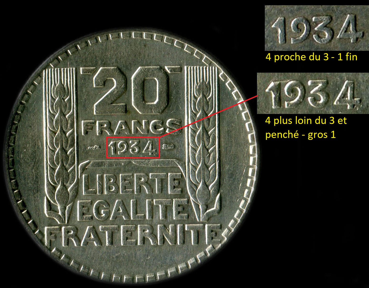 Variante avec 4 spar du 3 de la pice de 20 francs Turin 1934