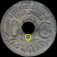 Emplacement du B sur une pice de 10 centimes 1945B