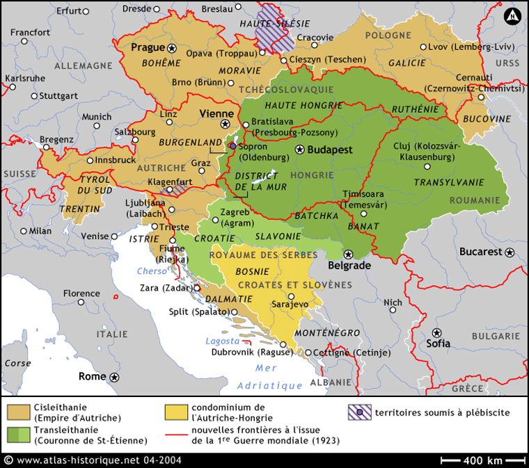 Carte de l'Empire Austro-Hongrois avant et aprs son dmantlement en 1923