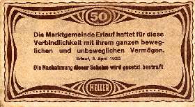 Notgeld Erlauf im Nibelungengau ( Autriche ) - 50 heller - mission du 5 avril 1920 - dos