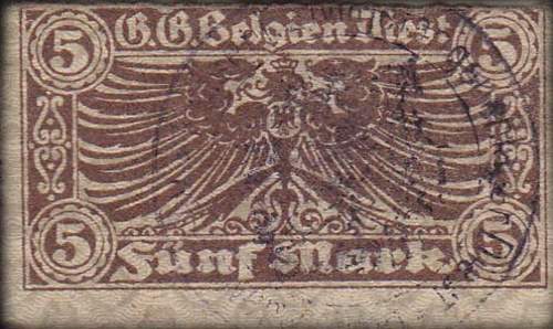 Timbre-monnaie (scheckmarken) de 5 mark utilis en Belgique pendant l'occupation allemande