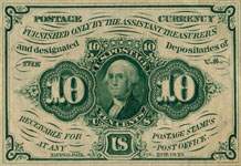 Postage currency 10 cents non dentel avec monogramme au dos - face