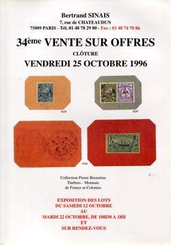 Maison de vente Bertrand Sinais - 34me vente sur offres du 25 octobre 1996