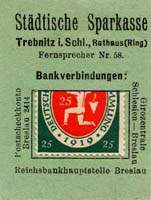 Timbre-monnaie de 25 pfennig mis par Stdtische Sparkasse Trebnitz (ex-Allemagne) devenue Trzebnica en Pologne - face
