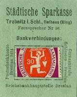 Timbre-monnaie de 30 pfennig mis par Stdtische Sparkasse Trebnitz (ex-Allemagne) devenue Trzebnica en Pologne - face