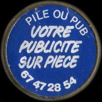 Monnaie publicitaire Pile ou Pub - Votre publicit sur pice - 67.47.28.54. - blanc fond bleu - sur 10 francs Mathieu