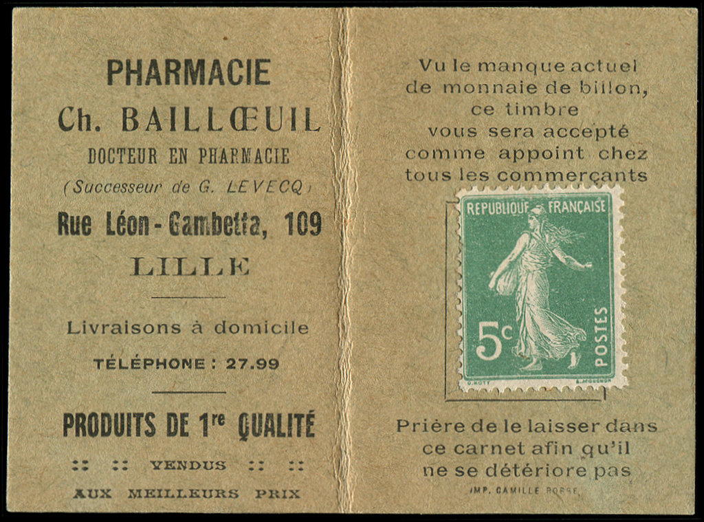 Carnet de 5 centimes de la Pharmacie Bailloeuil a t vendu 3.938 lors de la VSO 161 de Crs Philatlie en juillet 2017