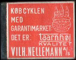Timbre-monnaie Kb cyklen med garantimaerket: - Det er: Taarnhj kvalitet - Vilh. Nellemann A/S - 1 re sur fond rouge - Danemark