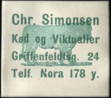 Timbre-monnaie Chr. Simonsen - Kd og Viktualier - Carton blanc - caractres en vert - type 2 - Danemark