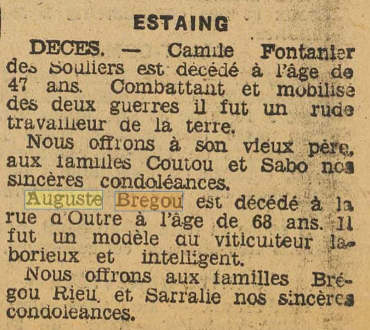 On annonce le décès à Estaing d'un viticulteur nommé Auguste Brégou dans La Croix de l'Aveyron du 30 mai 1943