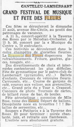 Citée dans la Croix-du-Nord du 31 juillet 1936 une Brasserie des Fleurs à Lambersart