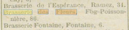 Dans Paris Adresses du 1er janvier 1898 c'est une Brasserie des Fleurs au 86 Faubourg Poissonnière qui est citée