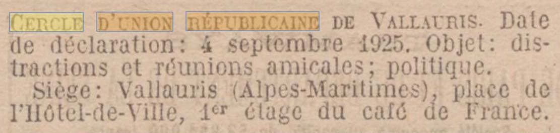 Un Cercle d'Union Républicaine à Vallauris apparait au Journal Officiel de la République française du 21 septembre 1925