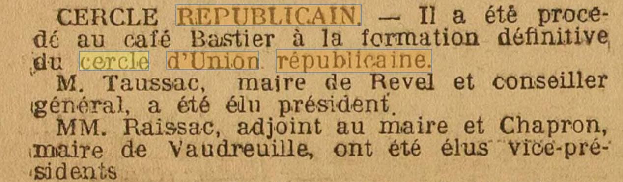 Un Cercle d'Union Républicaine à Revel est cité dans La Dépêche du 5 février 1906