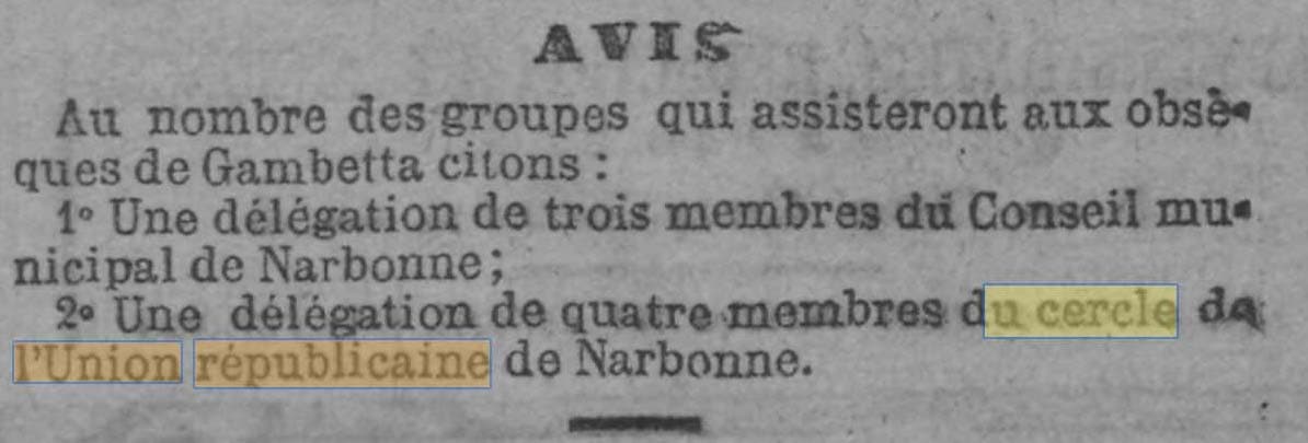 Un Cercle de l'Union Républicaine à Narbonne est cité dans La Lanterne du 7 janvier 1883