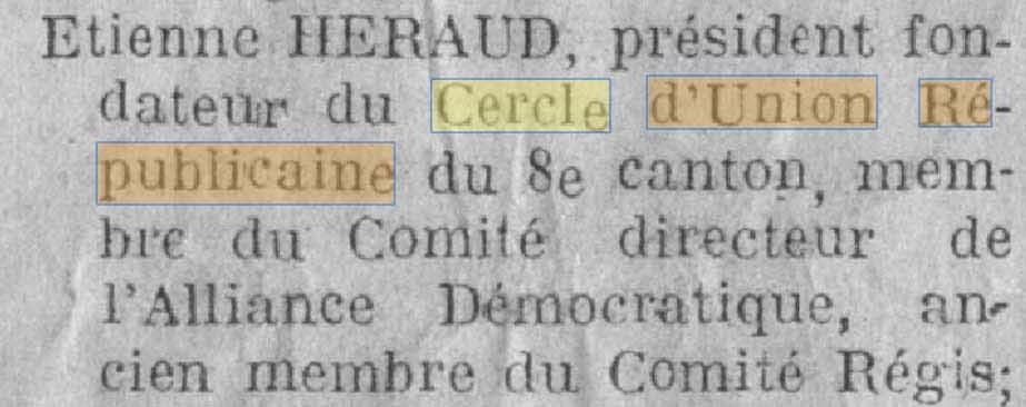 Un Cercle d'Union Républicaine à Marseille est cité dans La Voix de Marseille du 7 avril 1932