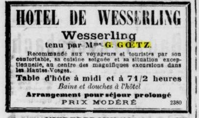Une publicit dans l'Express du 3 juin 1899 pour l'Htel de Wesserling tenu par Mme G.Goetz
