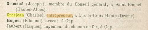 Un Charles Grosjean, entrepreneur  Lus-la-Croix-Haute (Drme) apparait dans l'Annuaire du Club Alpin franais de 1881