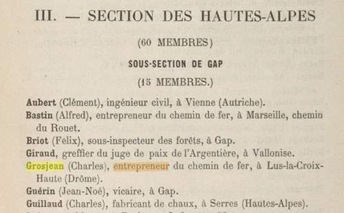 Un Charles Grosjean, entrepreneur  Lus-la-Croix-Haute (Drme) apparait dans le Bulletin du Club Alpin franais de 1878
