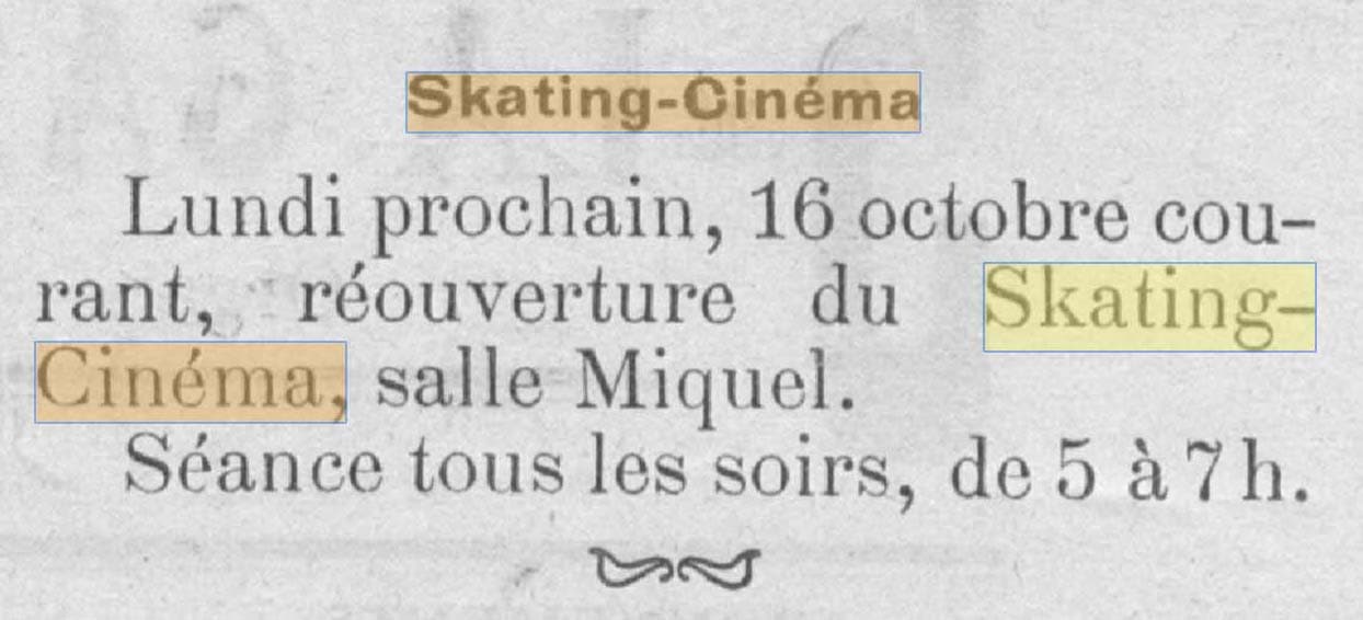 Un Skating-Cinéma est cité dans la Gazette d'Aïn Témouchent du 12 octobre 1911